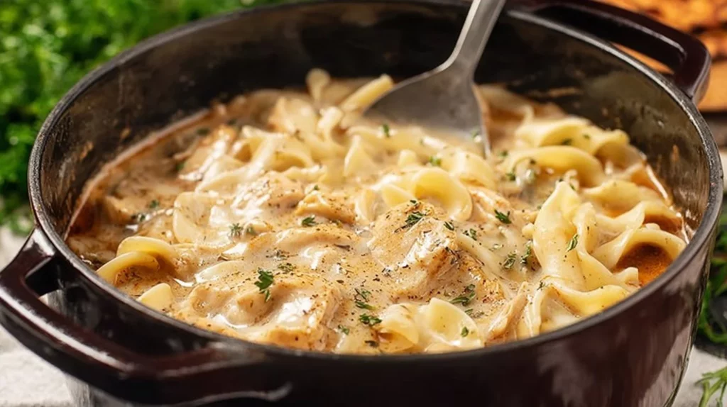 Delicious bowl of Southern Style Chicken and Dumplings with fresh herbs