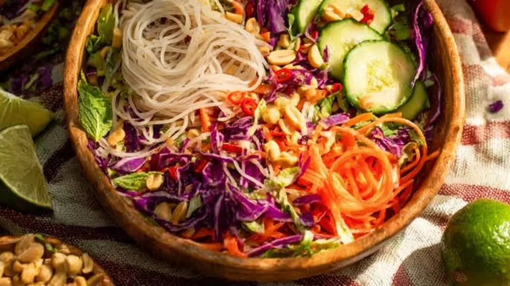 Delicious and colorful Spring Roll Salad with fresh vegetables and herbs