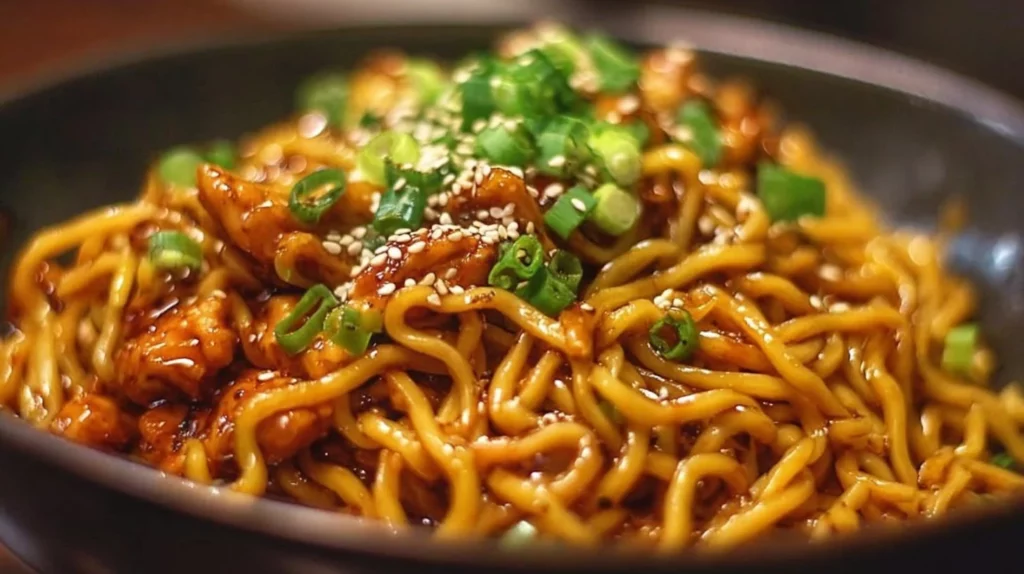 Delicious sticky garlic chicken noodles garnished and ready to serve