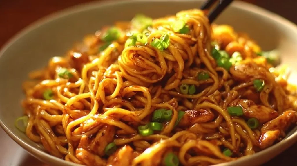 Plate of sticky garlic chicken noodles garnished with green onions.