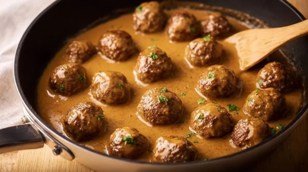 Plate of homemade Swedish Meatballs with creamy sauce and lingonberry