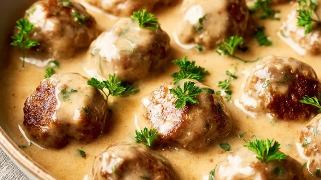 Delicious plate of Swedish meatballs with creamy gravy and lingonberry sauce