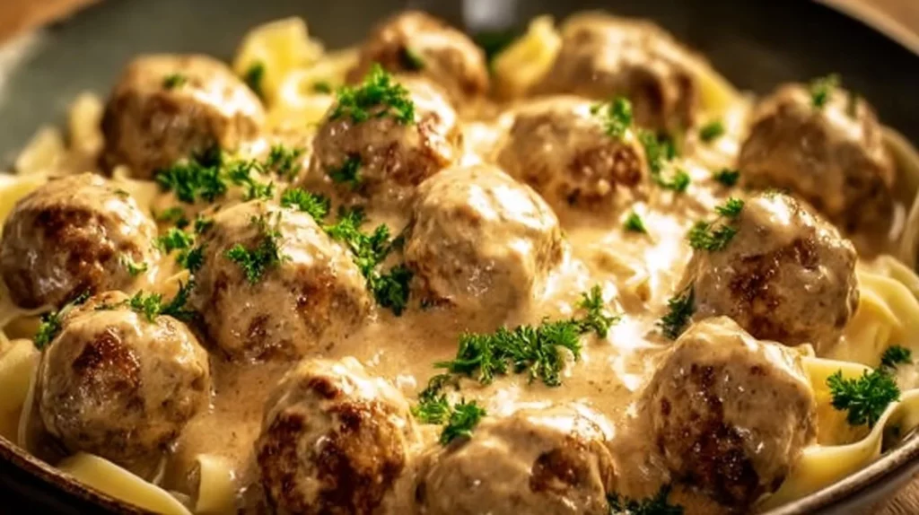 Delicious Swedish meatballs served with a rich creamy sauce