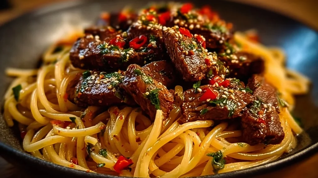 Delicious sweet and spicy garlic steak pasta served in a bowl