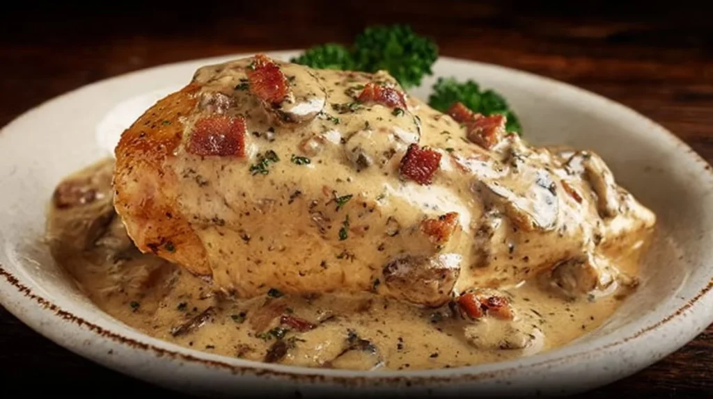 Delicious Texas Roadhouse Smothered Chicken drizzled with creamy sauce and toppings