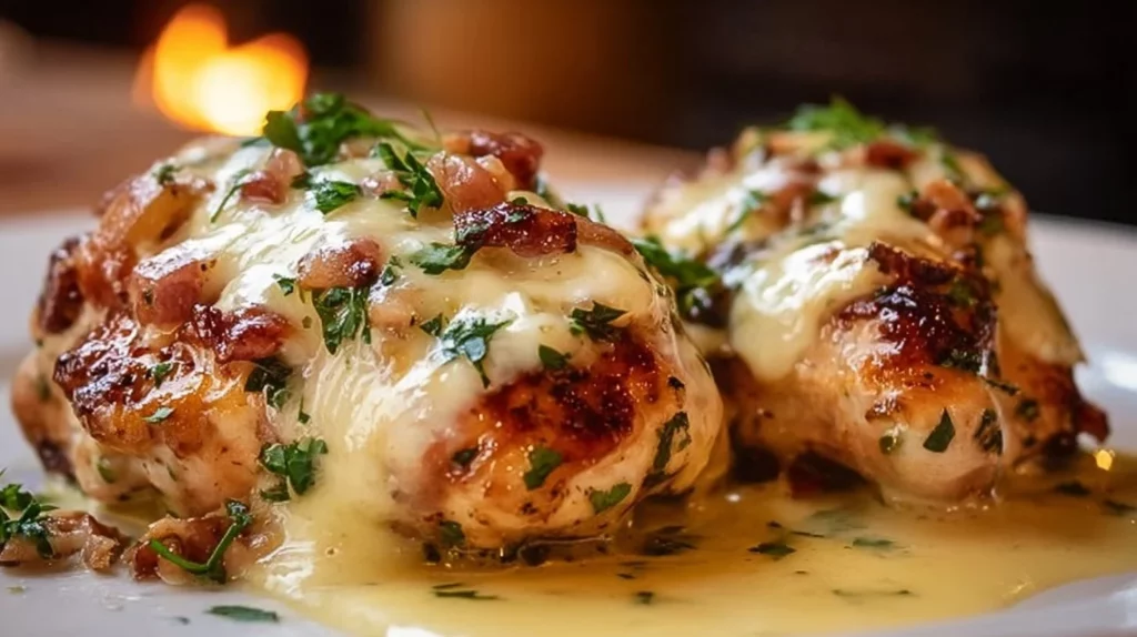 Texas Roadhouse Smothered Chicken topped with Jack cheese on a plate