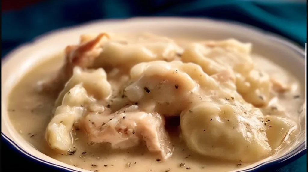 A bowl of creamy chicken and dumplings topped with herbs and served with a spoon.