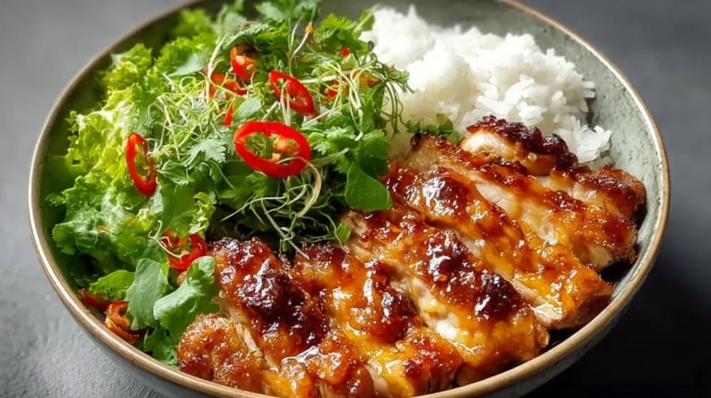 Plate of Vietnamese lemongrass chicken garnished with herbs and served with rice