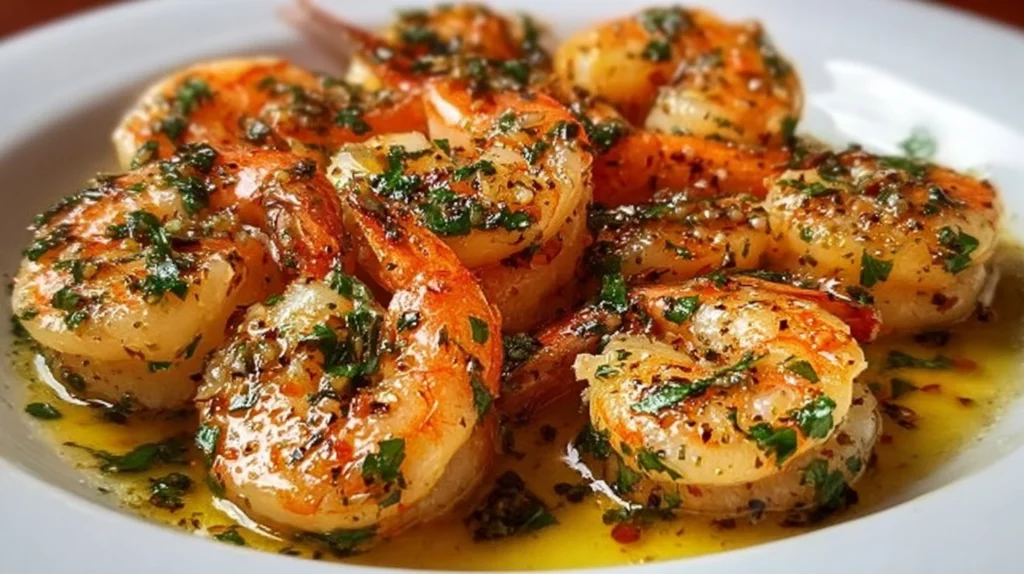 Delicious garlic lemon shrimp dish served in a bowl with herbs.