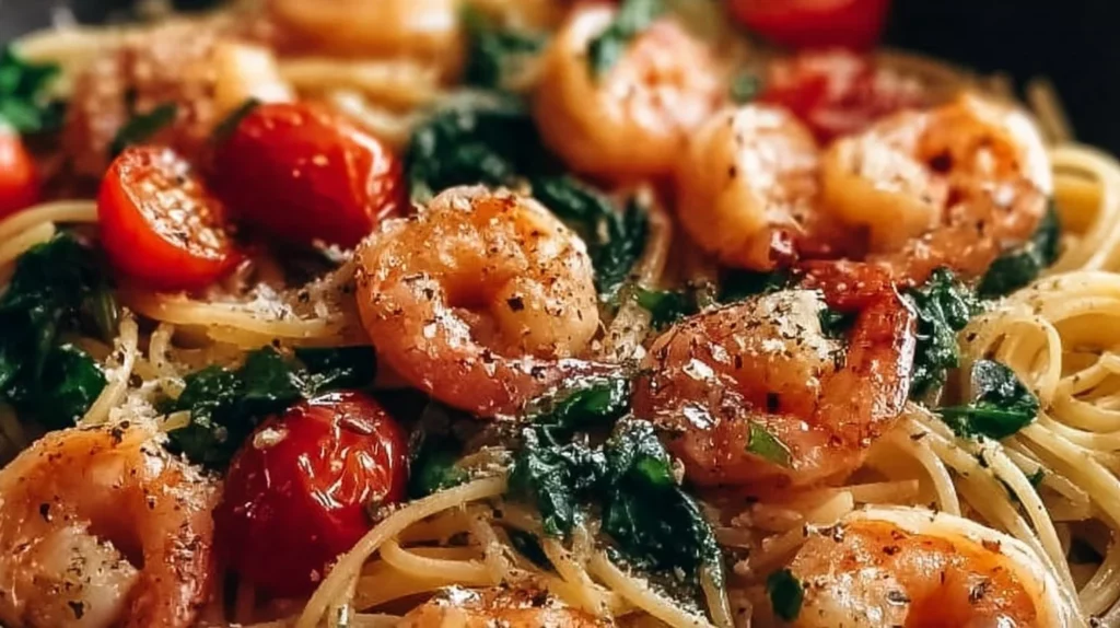Delicious one pot shrimp pasta served in a bowl