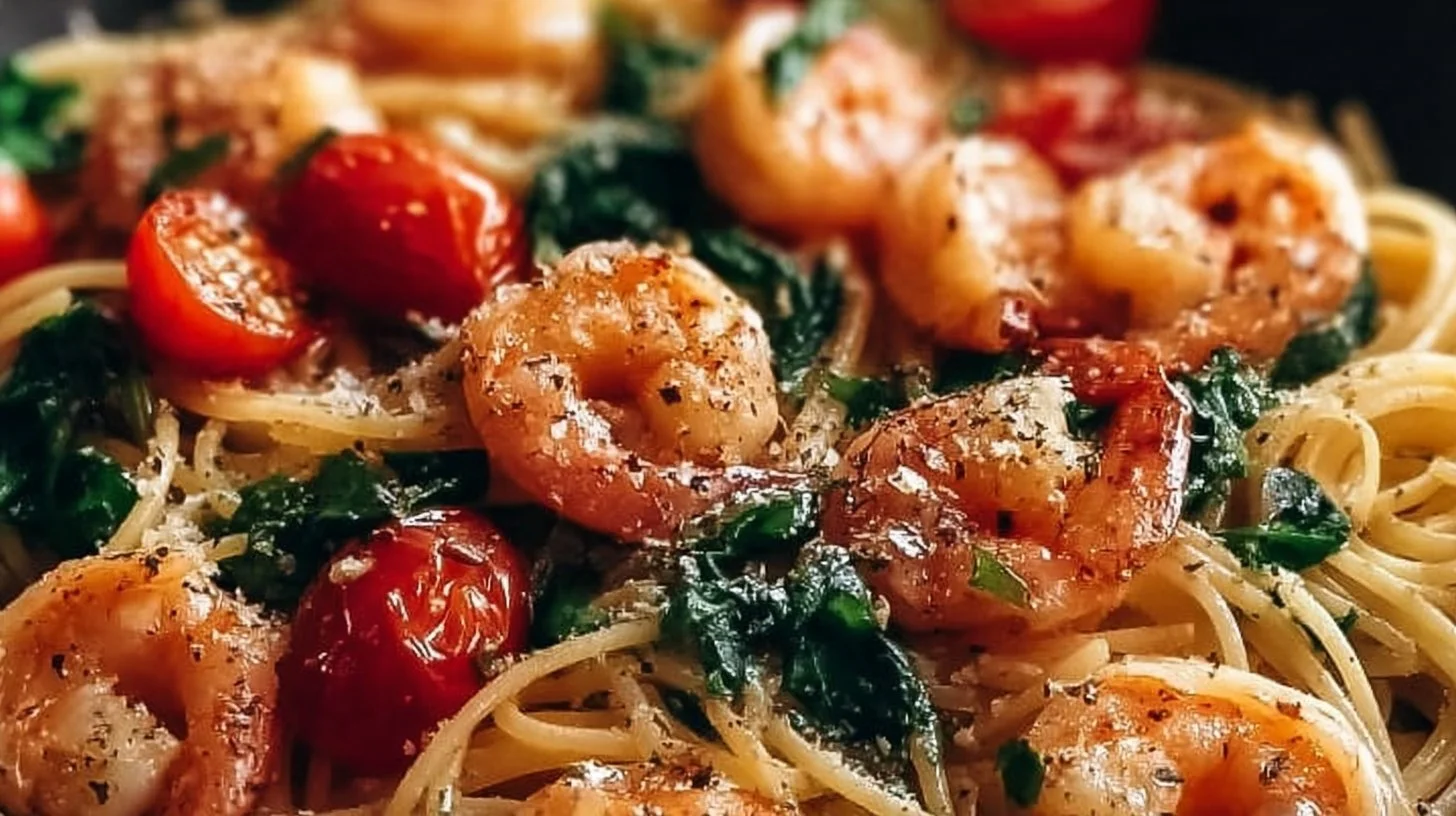 Delicious one pot shrimp pasta served in a bowl