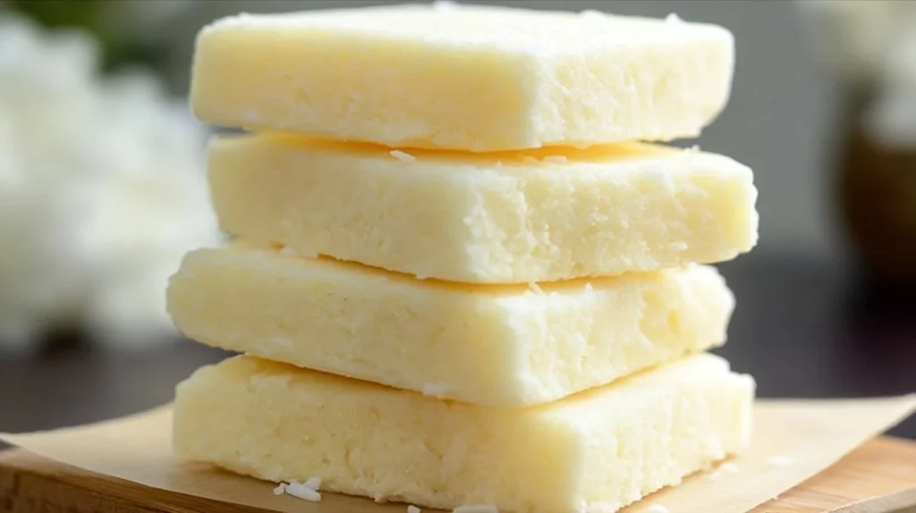 Delicious 3-ingredient no bake coconut crack bars on a wooden plate