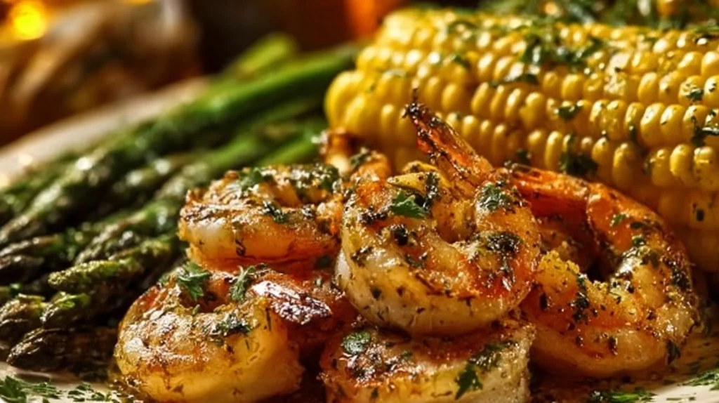Delicious grilled garlic butter shrimp on a platter ready to serve.