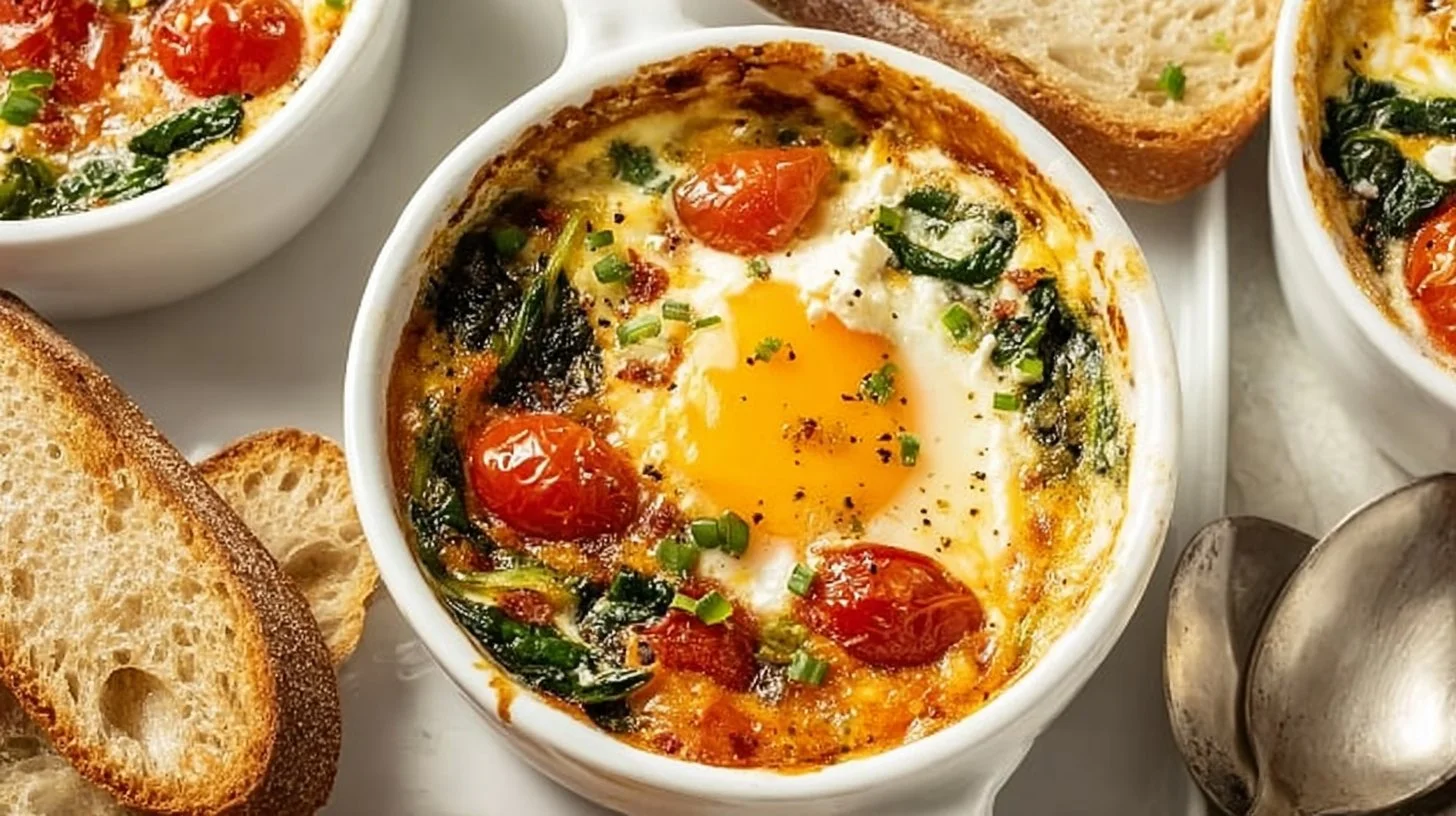 Baked feta eggs with tomatoes and spinach served in a white dish