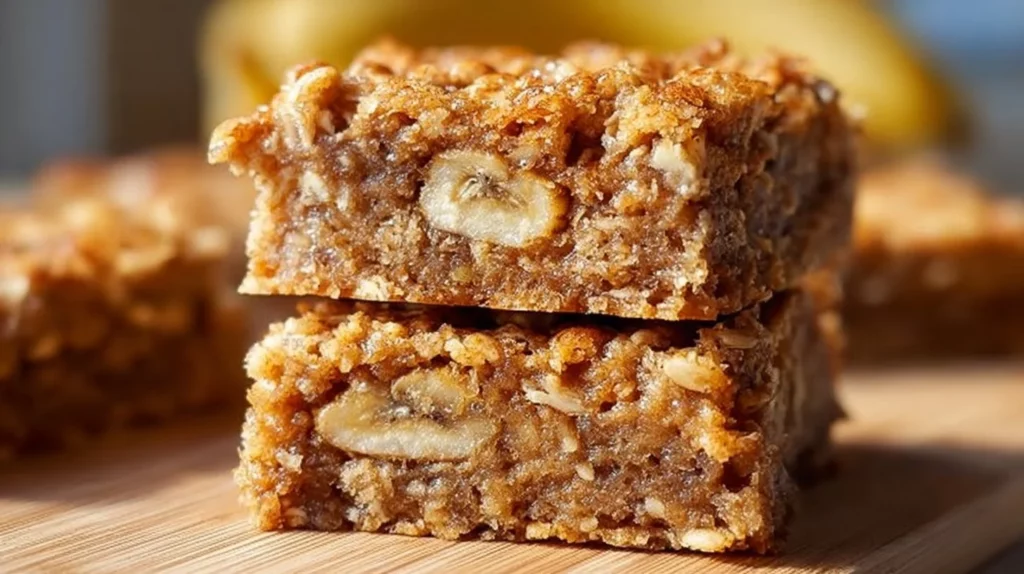 Homemade Banana Oatmeal Bars topped with bananas and oats, fresh and healthy treat.