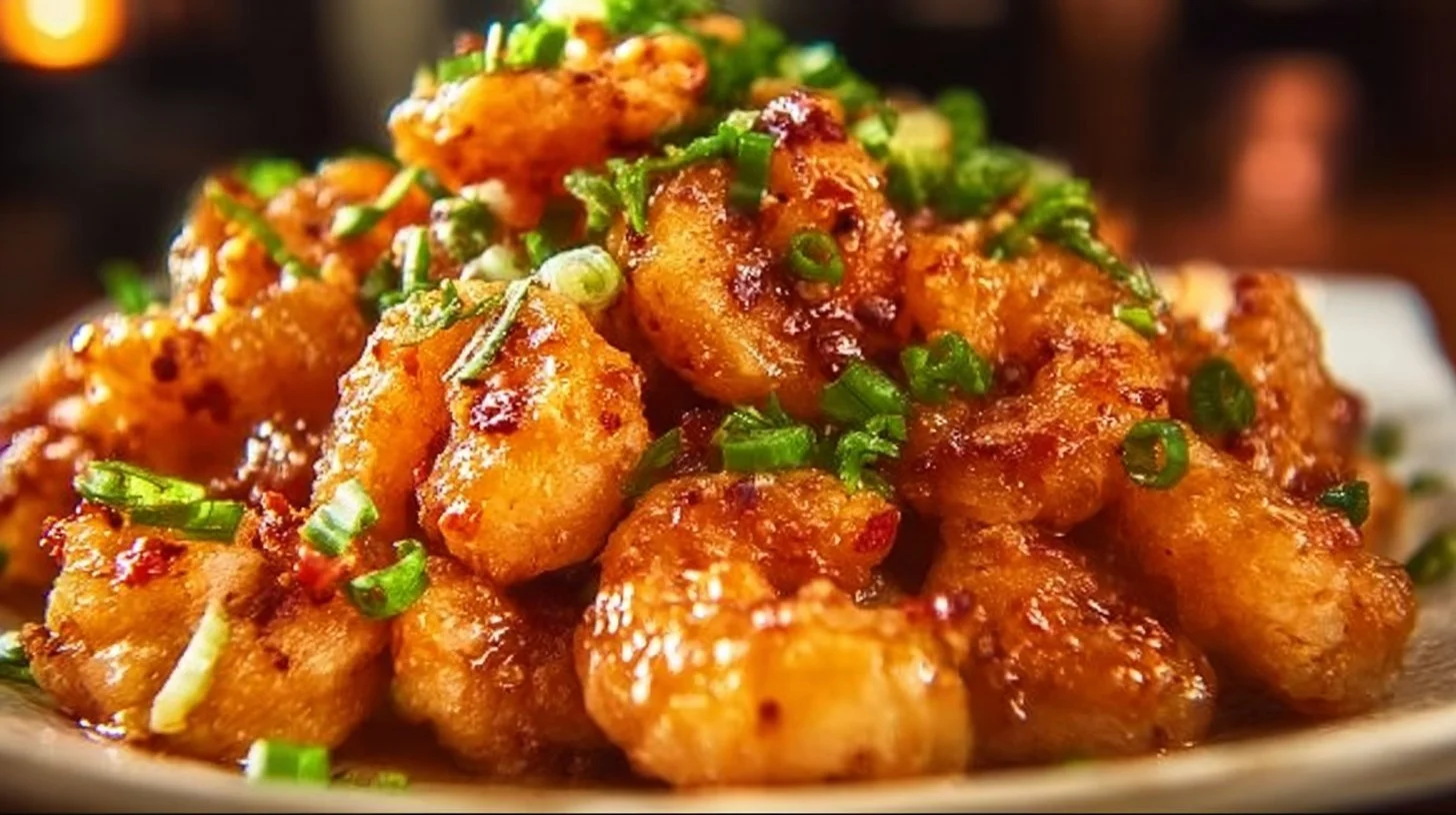 Plate of Bang Bang Shrimp garnished and ready to serve