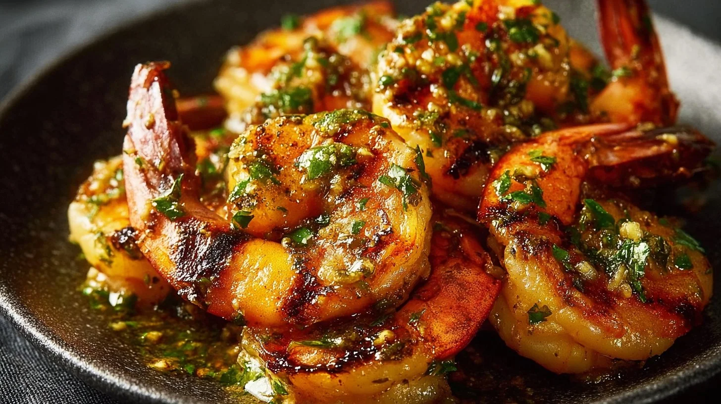 Grilled BBQ Garlic Shrimps garnished with fresh herbs