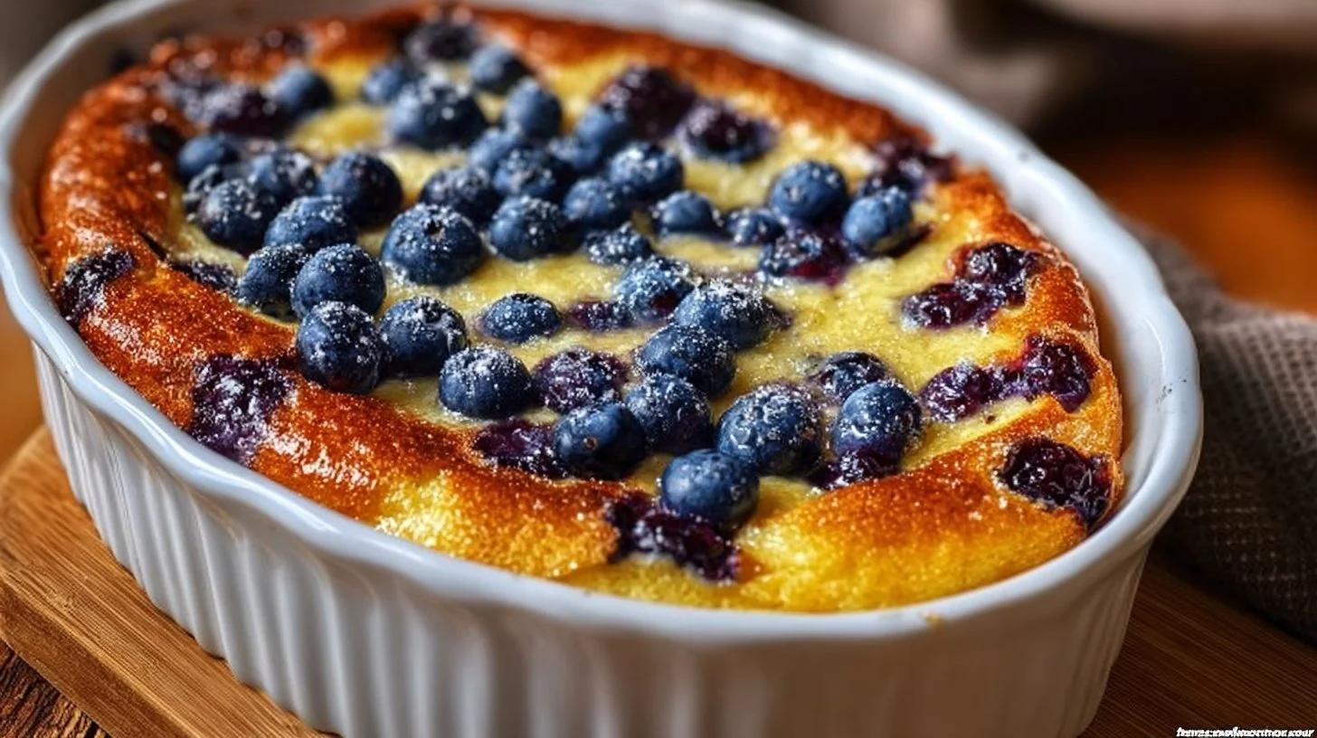 Blueberry Buttermilk Pancake Casserole served with syrup and berries