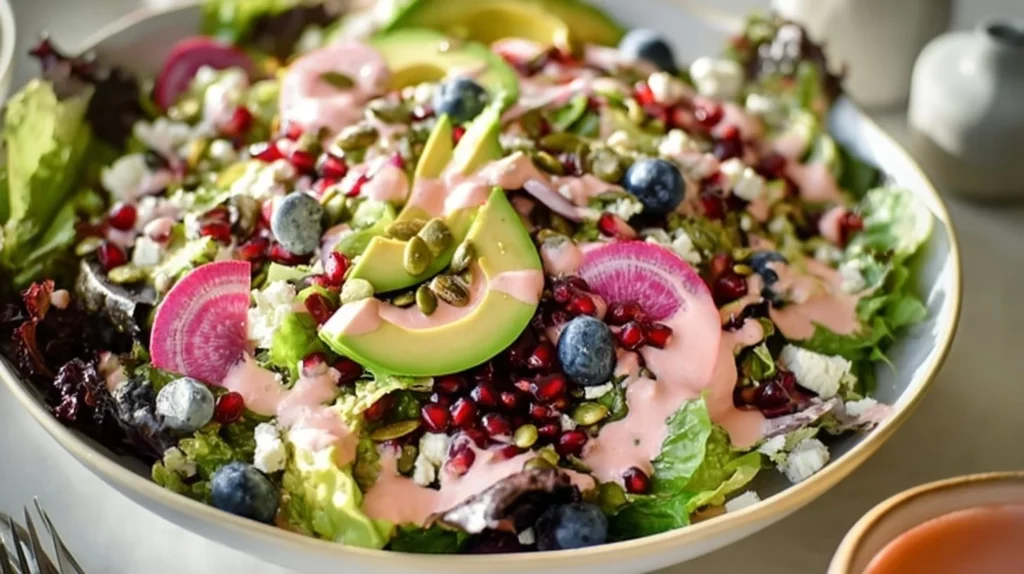 Blueberry pistachio spring salad with fresh greens and colorful toppings