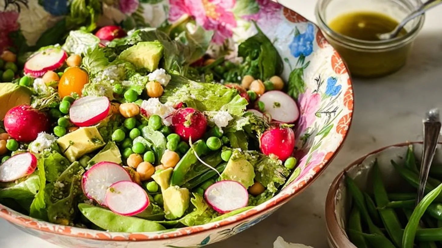 Colorful bright spring salad with fresh greens, radishes, and cherry tomatoes
