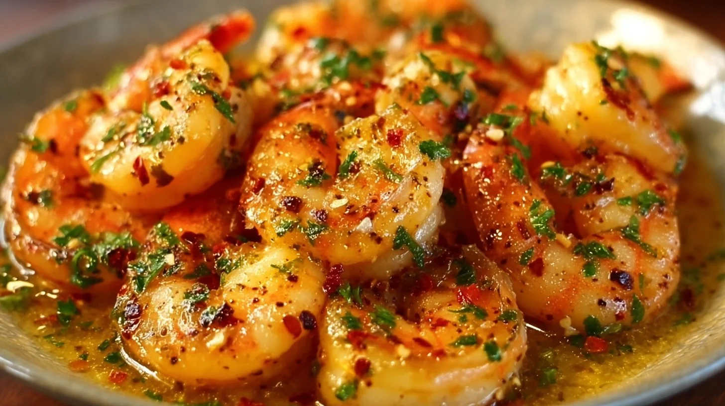 Delicious Butter Garlic Shrimp cooked in a skillet with herbs and spices.