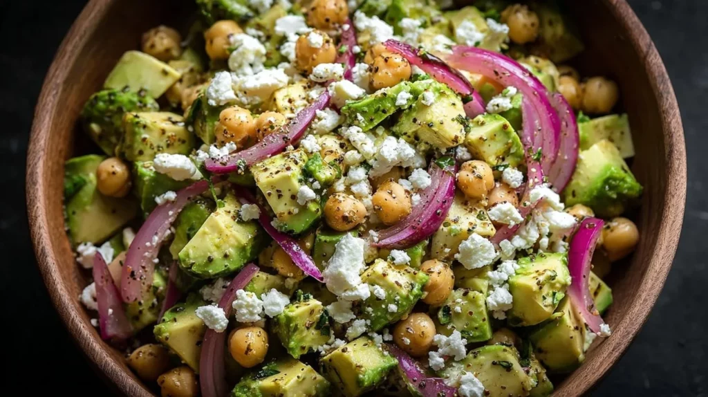 Chickpea Feta Avocado Salad in a bowl, topped with herbs and spices