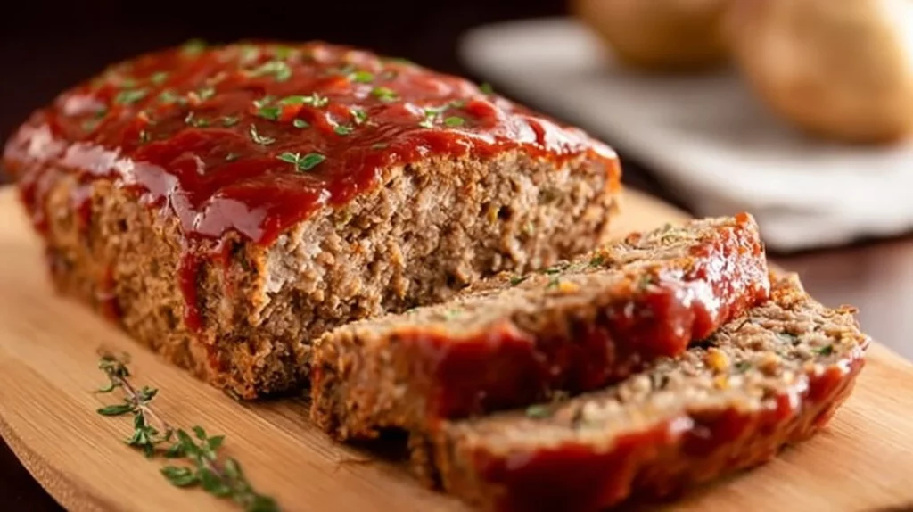 Classic Meatloaf on a plate garnished with parsley, showcasing its juicy texture.