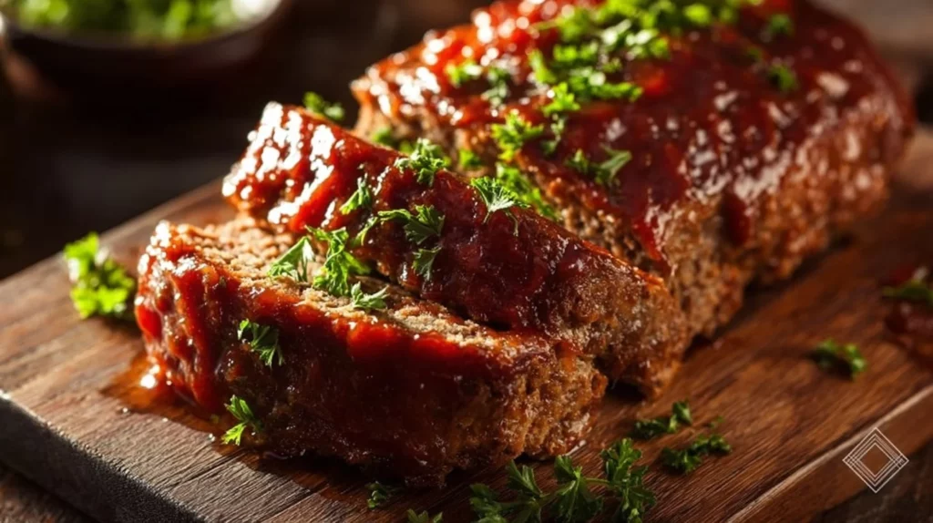 Delicious classic meatloaf served with mashed potatoes and green beans