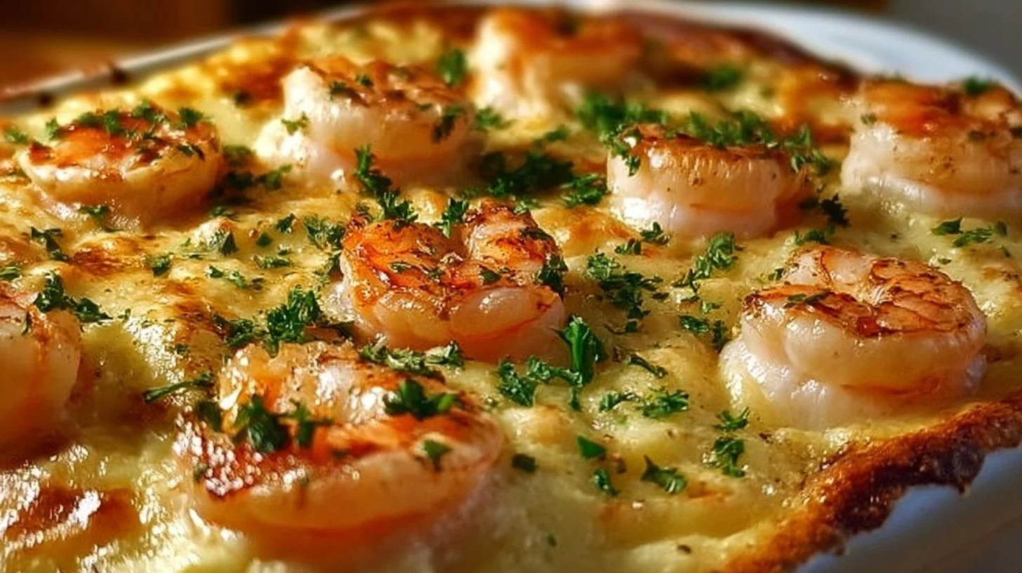 Creamy seafood casserole topped with herbs and cheese