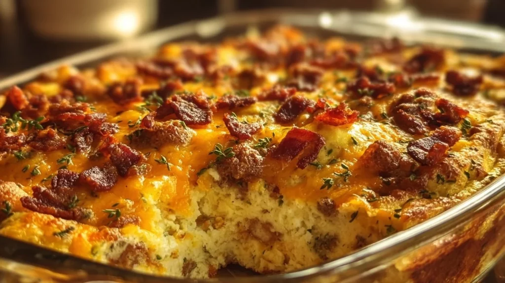 Delicious Crack Breakfast Casserole topped with cheese and herbs