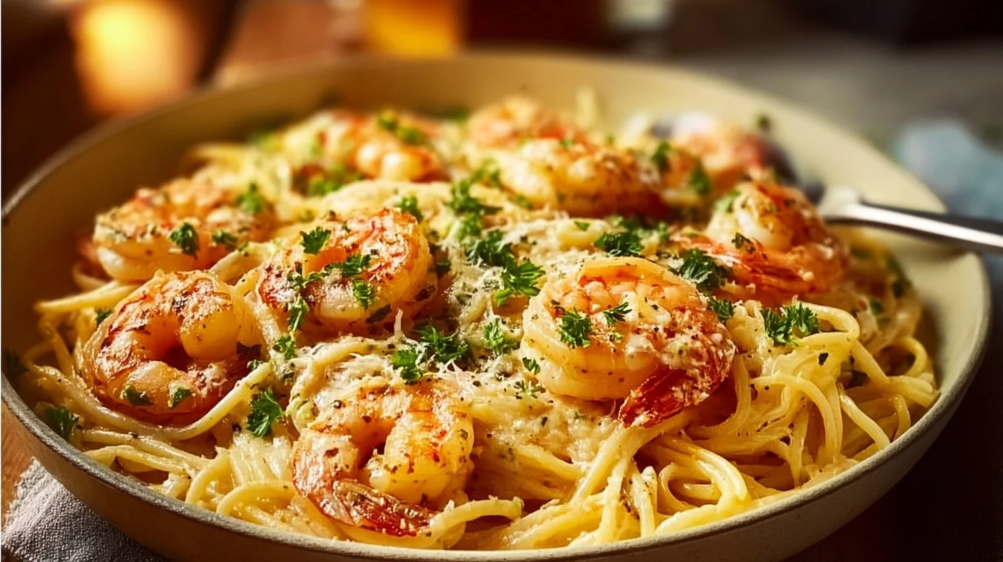 Creamy garlic butter shrimp pasta beautifully plated with herbs and spices