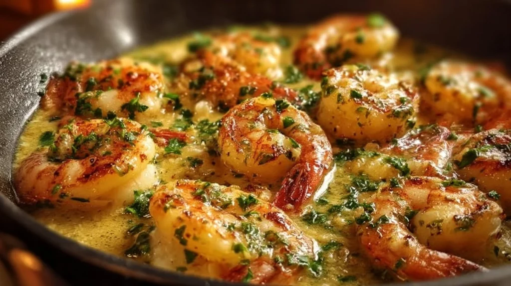Plate of creamy garlic shrimp garnished with herbs and served with rice