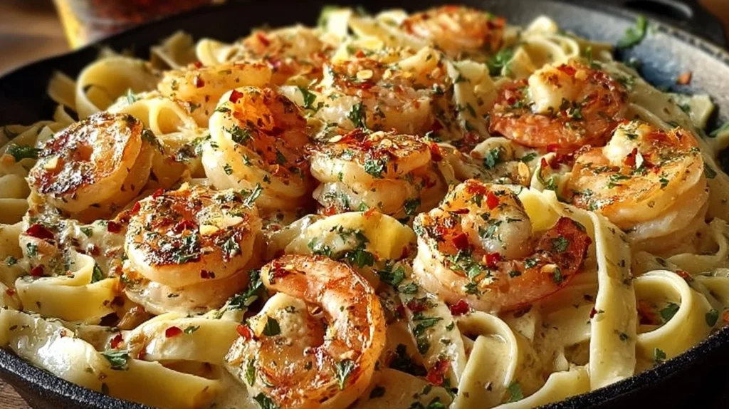 Creamy Marry Me Shrimp Pasta garnished with herbs and served in a bowl.