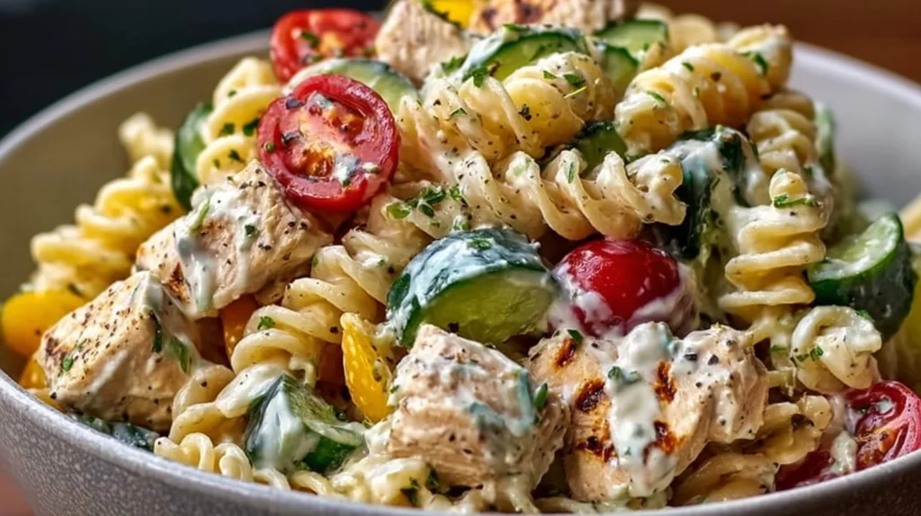 Creamy Ranch Protein Pasta Salad with colorful vegetables and dressing