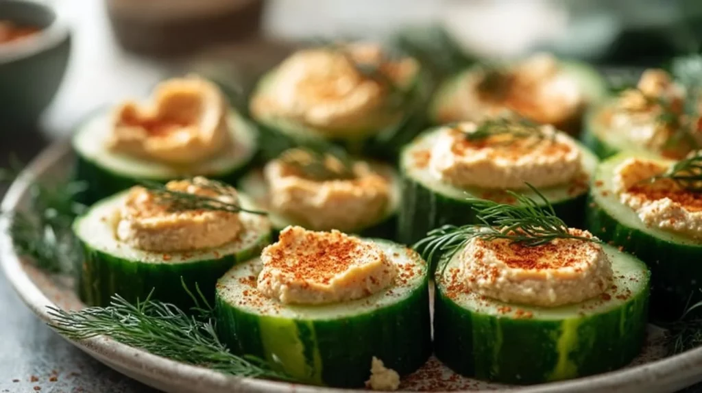 Cucumber Hummus Bites served on a platter for a healthy snack