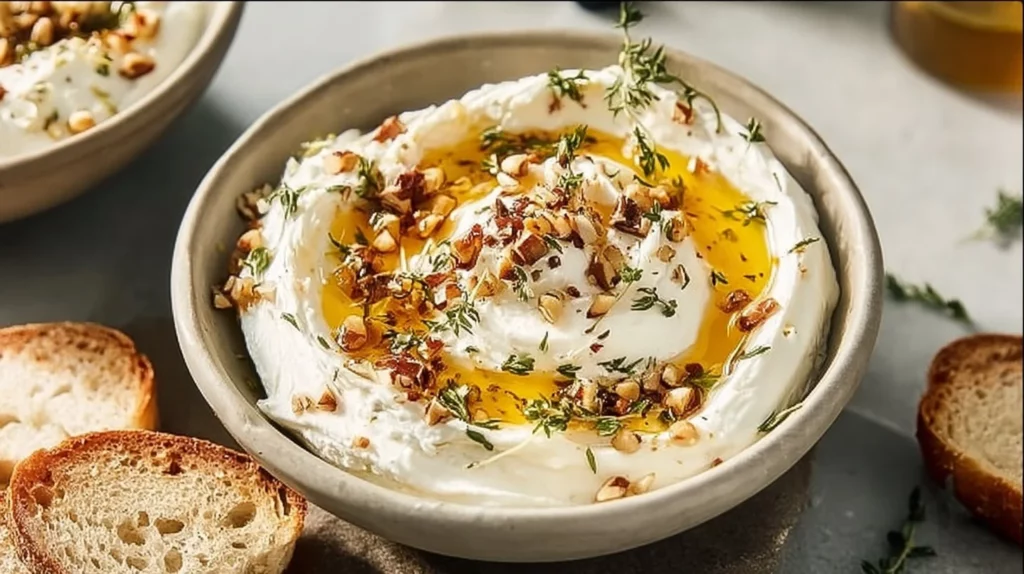 Delicious ricotta dip with hot honey served in a bowl.