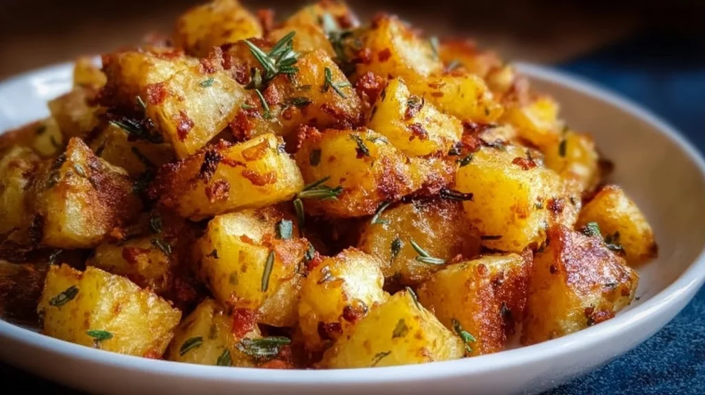 Crispy easy breakfast potatoes served on a plate with herbs and spices.