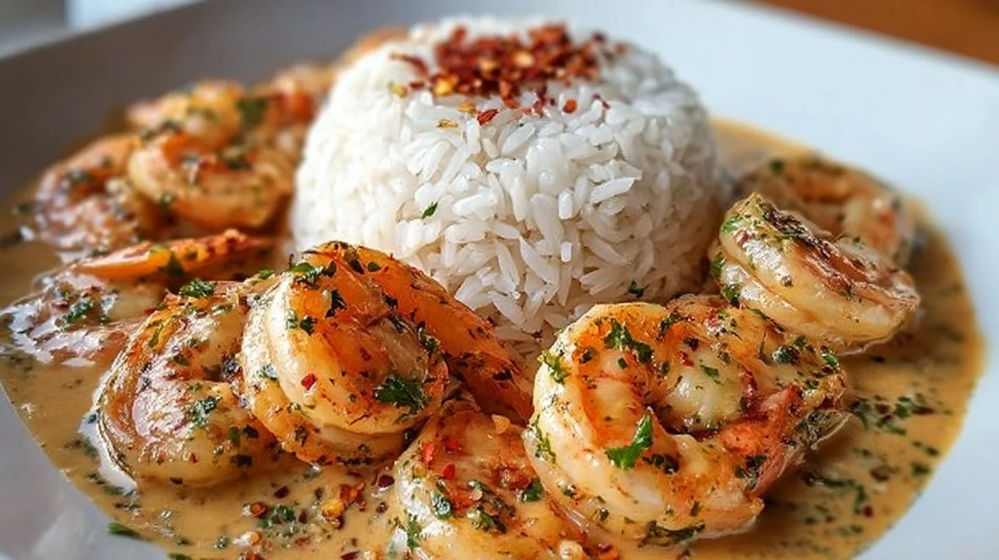 Plate of easy creamy garlic shrimp served with pasta and fresh herbs