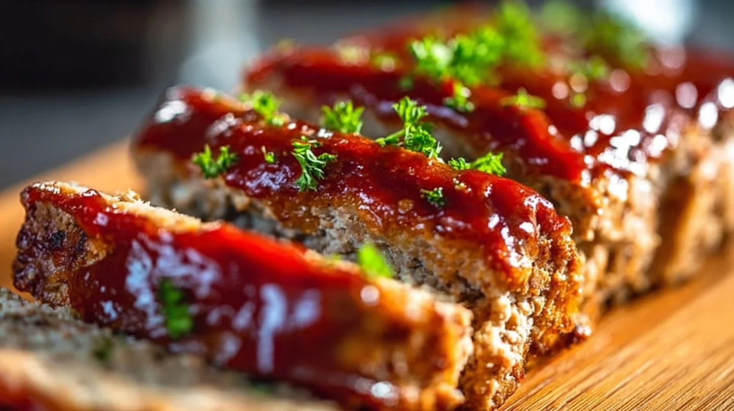 Delicious easy meatloaf served on a plate with mashed potatoes and vegetables.
