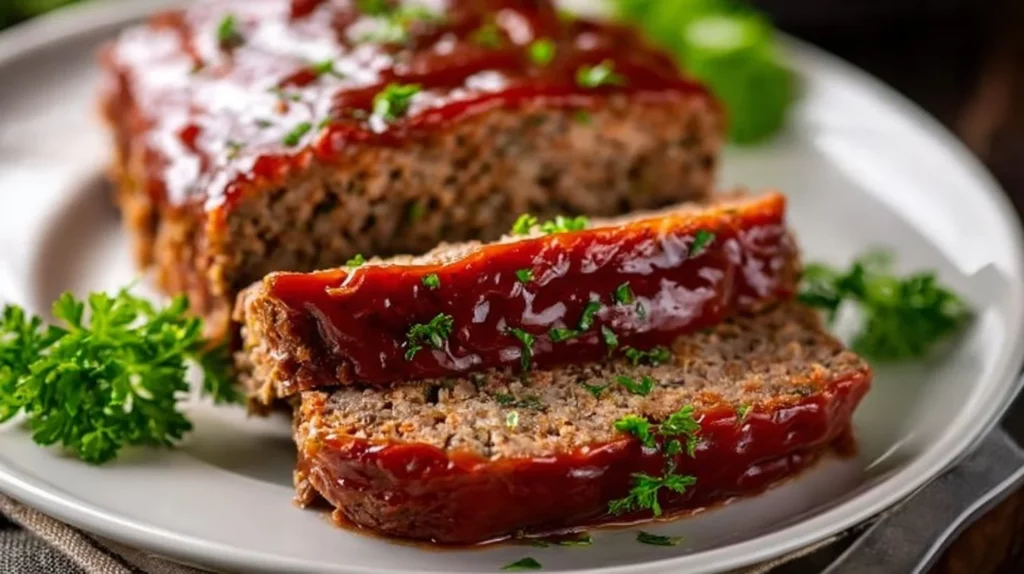 Delicious homemade meatloaf served with mashed potatoes and green beans.