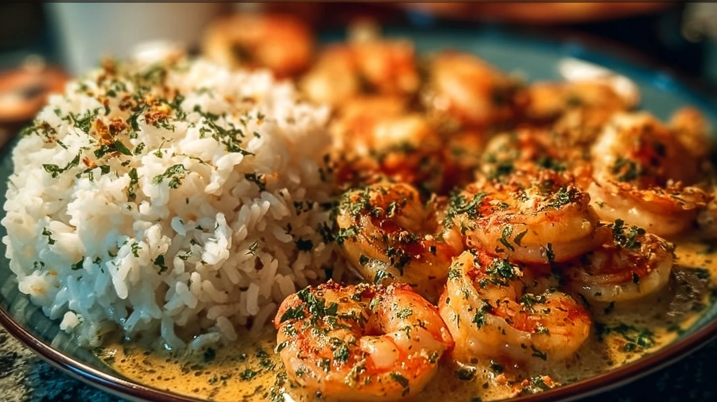 A bowl of shrimp and rice with herbs and spices, showcasing an easy recipe.