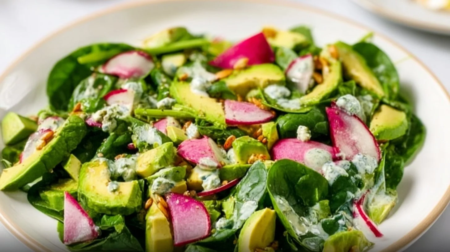A colorful fresh spring salad with greens, tomatoes, and cucumbers, garnished with herbs.