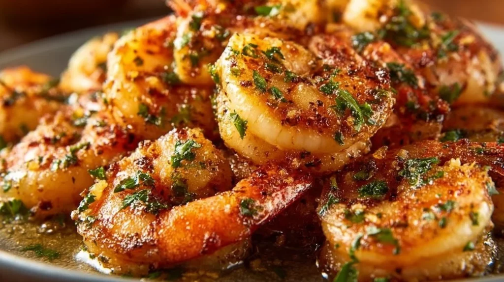 Plate of Garlic Parmesan Roasted Shrimp garnished with parsley