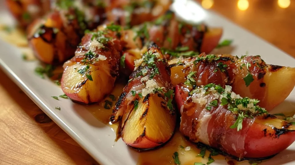 Gourmet grilled apples wrapped in prosciutto on a wooden platter