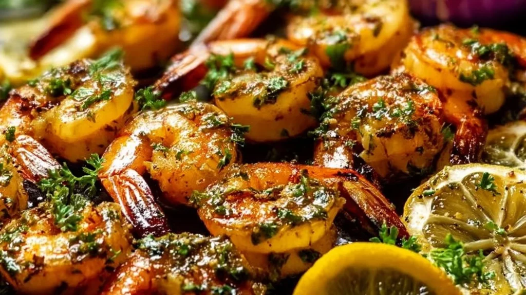 Grilled Lemon Garlic Butter Shrimp served on a plate with a lemon wedge