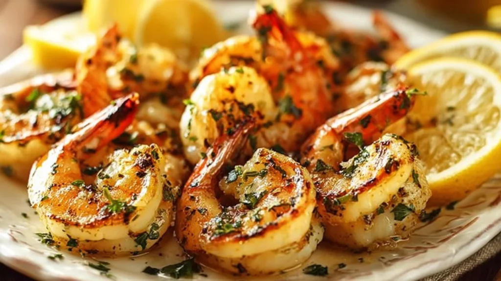 Delicious grilled shrimp with lemon and garlic marinade on a plate