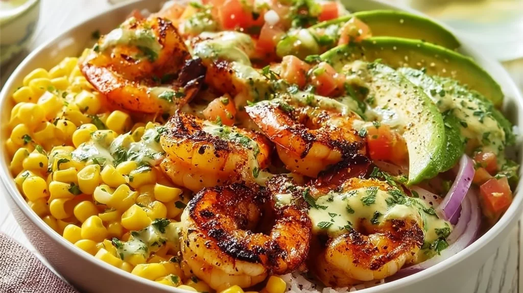Delicious Grilled Shrimp Bowl with Avocado served in a colorful dish