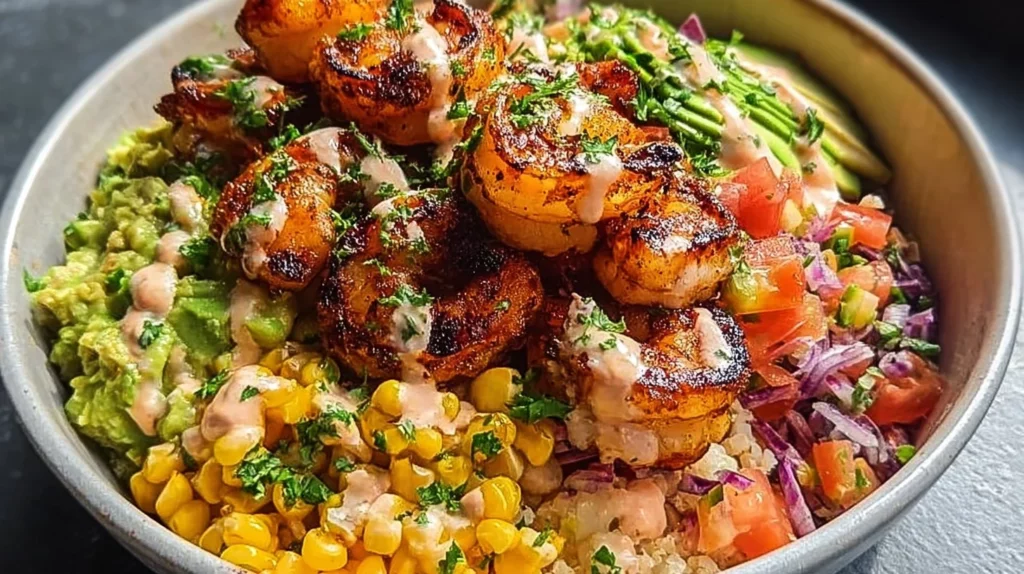 Grilled shrimp bowl with fresh avocado and vibrant vegetables