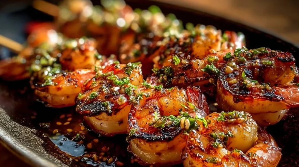 Delicious grilled shrimp skewers served on a platter