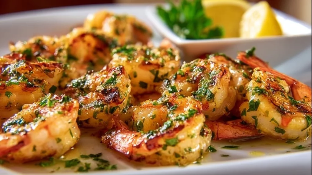 Grilled shrimp with garlic butter on a plate, garnished for presentation.